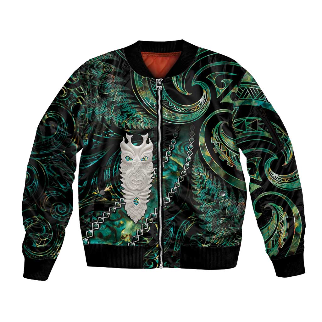 New Zealand Aotearoa Sleeve Zip Bomber Jacket Maori Tane Te Waiora Paua Shell Glitter Green LT05 Unisex Green - Polynesian Pride