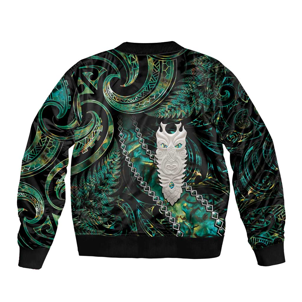 New Zealand Aotearoa Sleeve Zip Bomber Jacket Maori Tane Te Waiora Paua Shell Glitter Green LT05 - Polynesian Pride