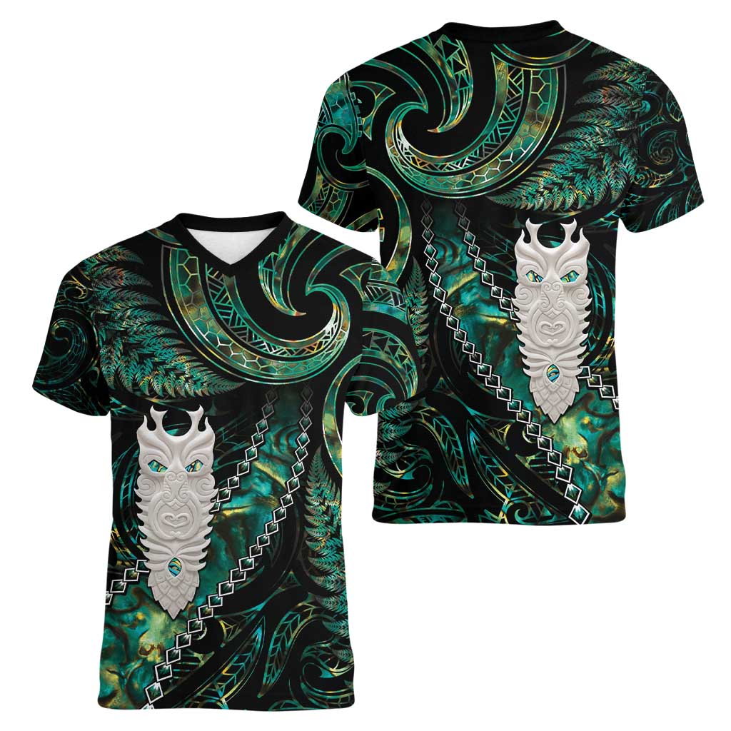 New Zealand Aotearoa Women V-Neck T-Shirt Maori Tane Te Waiora Paua Shell Glitter Green LT05 - Polynesian Pride