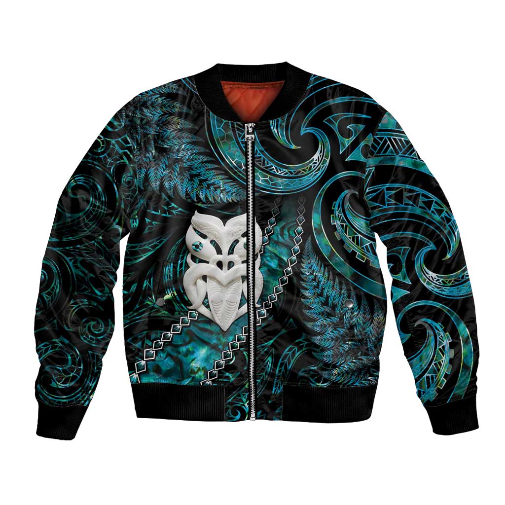 New Zealand Aotearoa Bomber Jacket Maori Wheku Paua Shell Glitter Turquoise