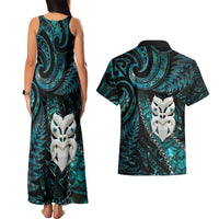 New Zealand Aotearoa Couples Matching Tank Maxi Dress and Hawaiian Shirt Maori Wheku Paua Shell Glitter Turquoise LT05 - Polynesian Pride