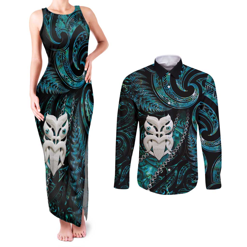 New Zealand Aotearoa Couples Matching Tank Maxi Dress and Long Sleeve Button Shirt Maori Wheku Paua Shell Glitter Turquoise LT05 Turquoise - Polynesian Pride