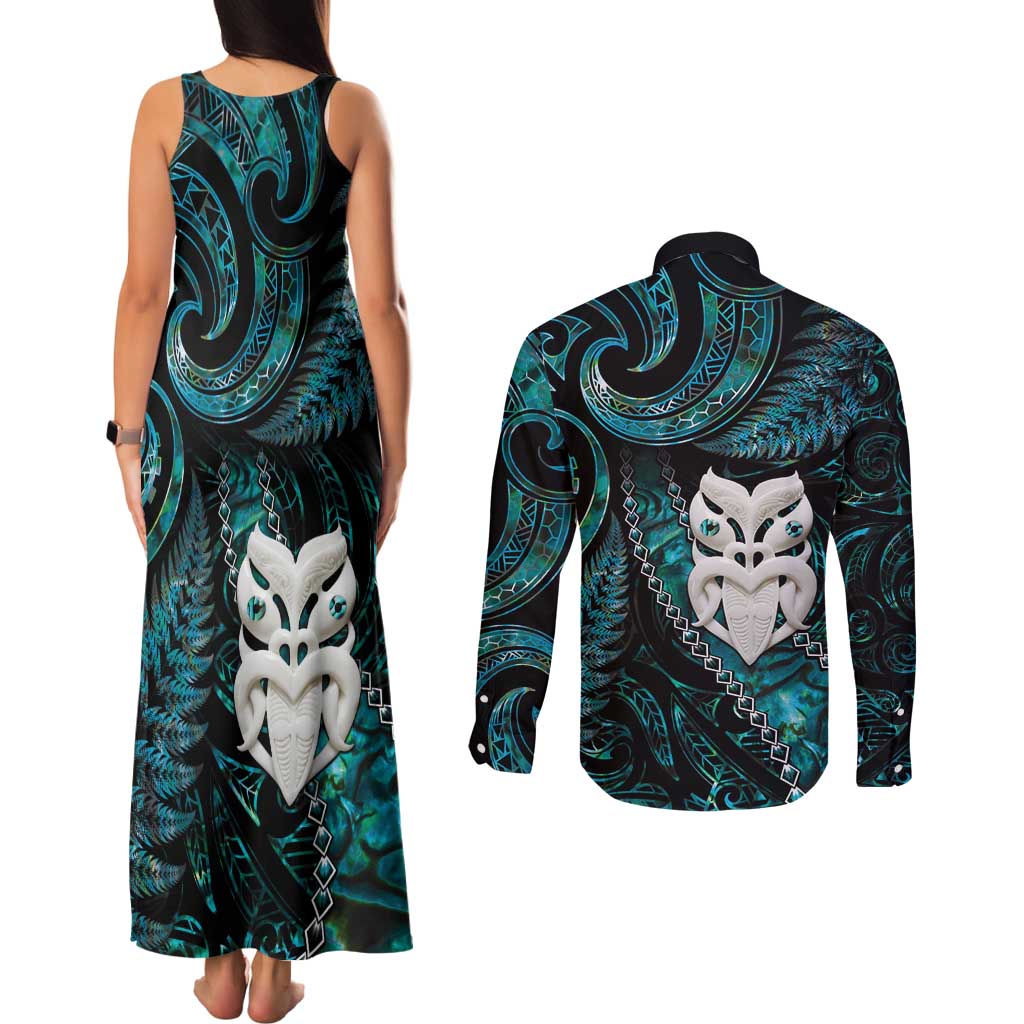 New Zealand Aotearoa Couples Matching Tank Maxi Dress and Long Sleeve Button Shirt Maori Wheku Paua Shell Glitter Turquoise LT05 - Polynesian Pride