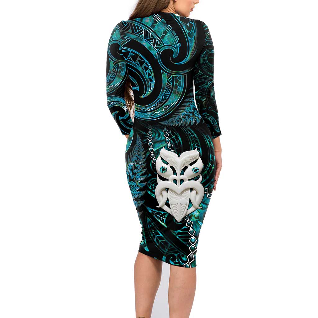 New Zealand Aotearoa Family Matching Long Sleeve Bodycon Dress and Hawaiian Shirt Maori Wheku Paua Shell Glitter Turquoise LT05 - Polynesian Pride