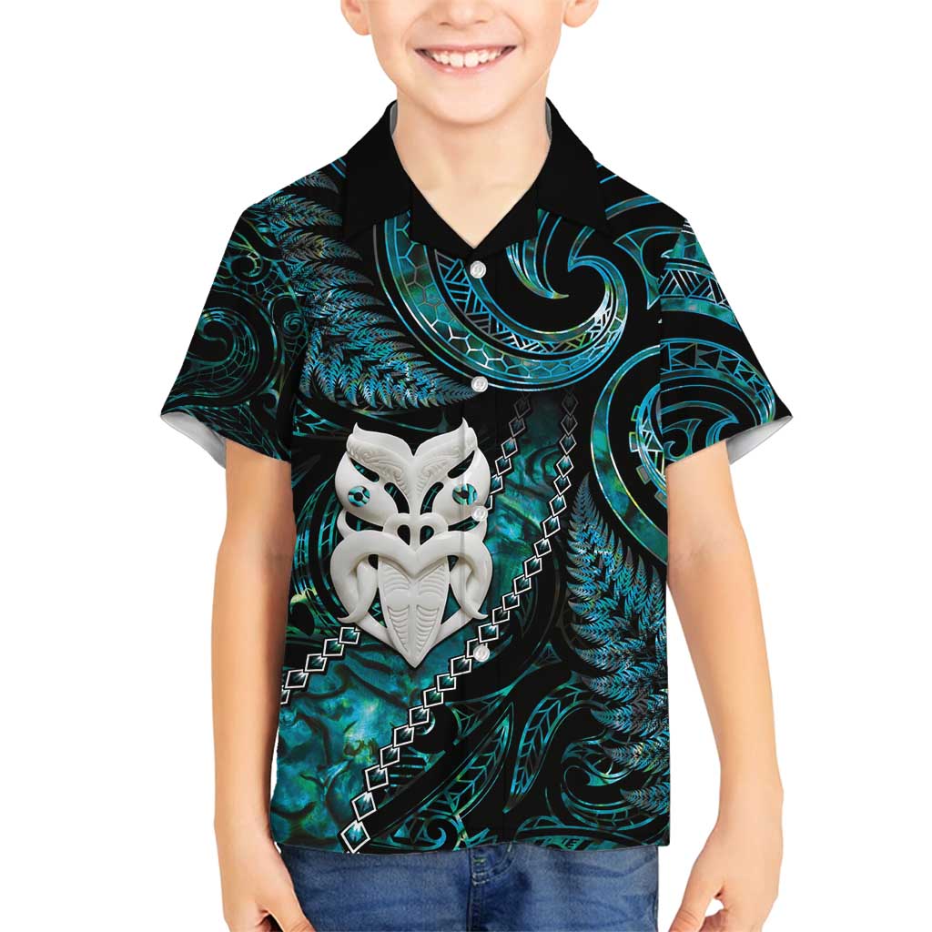 New Zealand Aotearoa Family Matching Long Sleeve Bodycon Dress and Hawaiian Shirt Maori Wheku Paua Shell Glitter Turquoise LT05 Son's Shirt Turquoise - Polynesian Pride