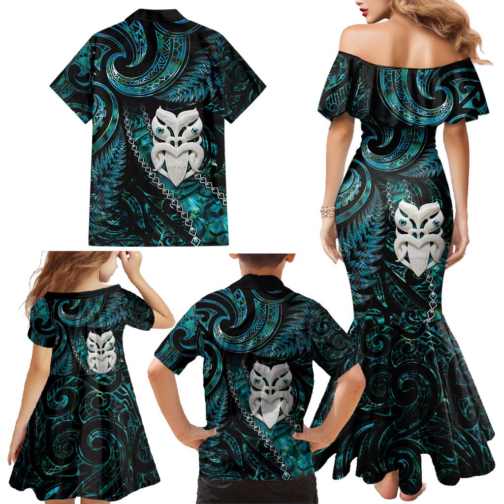 New Zealand Aotearoa Family Matching Mermaid Dress and Hawaiian Shirt Maori Wheku Paua Shell Glitter Turquoise LT05 - Polynesian Pride