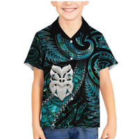 New Zealand Aotearoa Family Matching Mermaid Dress and Hawaiian Shirt Maori Wheku Paua Shell Glitter Turquoise LT05 Son's Shirt Turquoise - Polynesian Pride