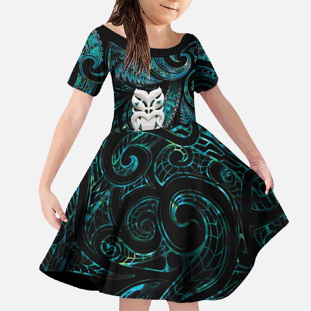 New Zealand Aotearoa Family Matching Off Shoulder Maxi Dress and Hawaiian Shirt Maori Wheku Paua Shell Glitter Turquoise LT05 Daughter's Dress Turquoise - Polynesian Pride