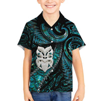 New Zealand Aotearoa Family Matching Off Shoulder Maxi Dress and Hawaiian Shirt Maori Wheku Paua Shell Glitter Turquoise LT05 Son's Shirt Turquoise - Polynesian Pride