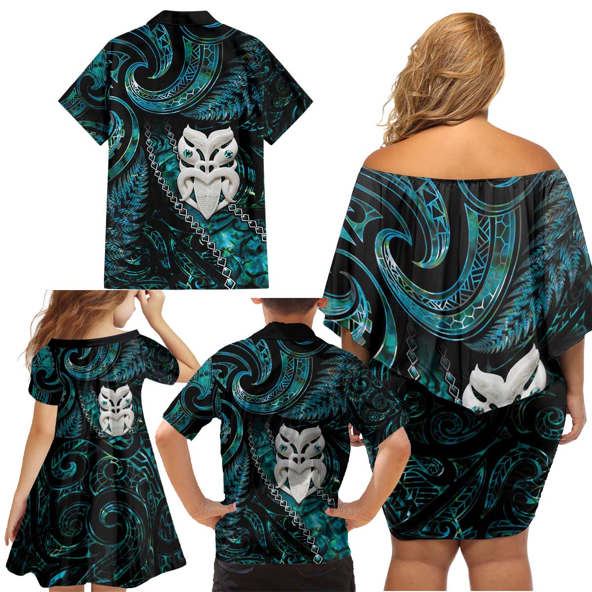 New Zealand Aotearoa Family Matching Off Shoulder Short Dress and Hawaiian Shirt Maori Wheku Paua Shell Glitter Turquoise