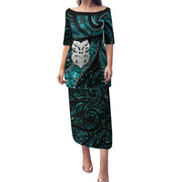 New Zealand Aotearoa Family Matching Puletasi and Hawaiian Shirt Maori Wheku Paua Shell Glitter Turquoise LT05 Mom's Dress Turquoise - Polynesian Pride
