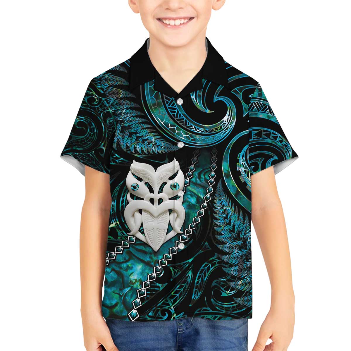 New Zealand Aotearoa Family Matching Puletasi and Hawaiian Shirt Maori Wheku Paua Shell Glitter Turquoise LT05 Son's Shirt Turquoise - Polynesian Pride