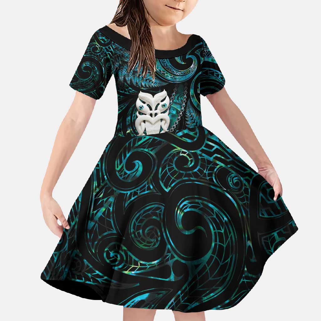 New Zealand Aotearoa Family Matching Short Sleeve Bodycon Dress and Hawaiian Shirt Maori Wheku Paua Shell Glitter Turquoise LT05 Daughter's Dress Turquoise - Polynesian Pride