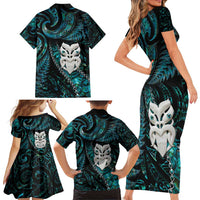 New Zealand Aotearoa Family Matching Short Sleeve Bodycon Dress and Hawaiian Shirt Maori Wheku Paua Shell Glitter Turquoise LT05 - Polynesian Pride