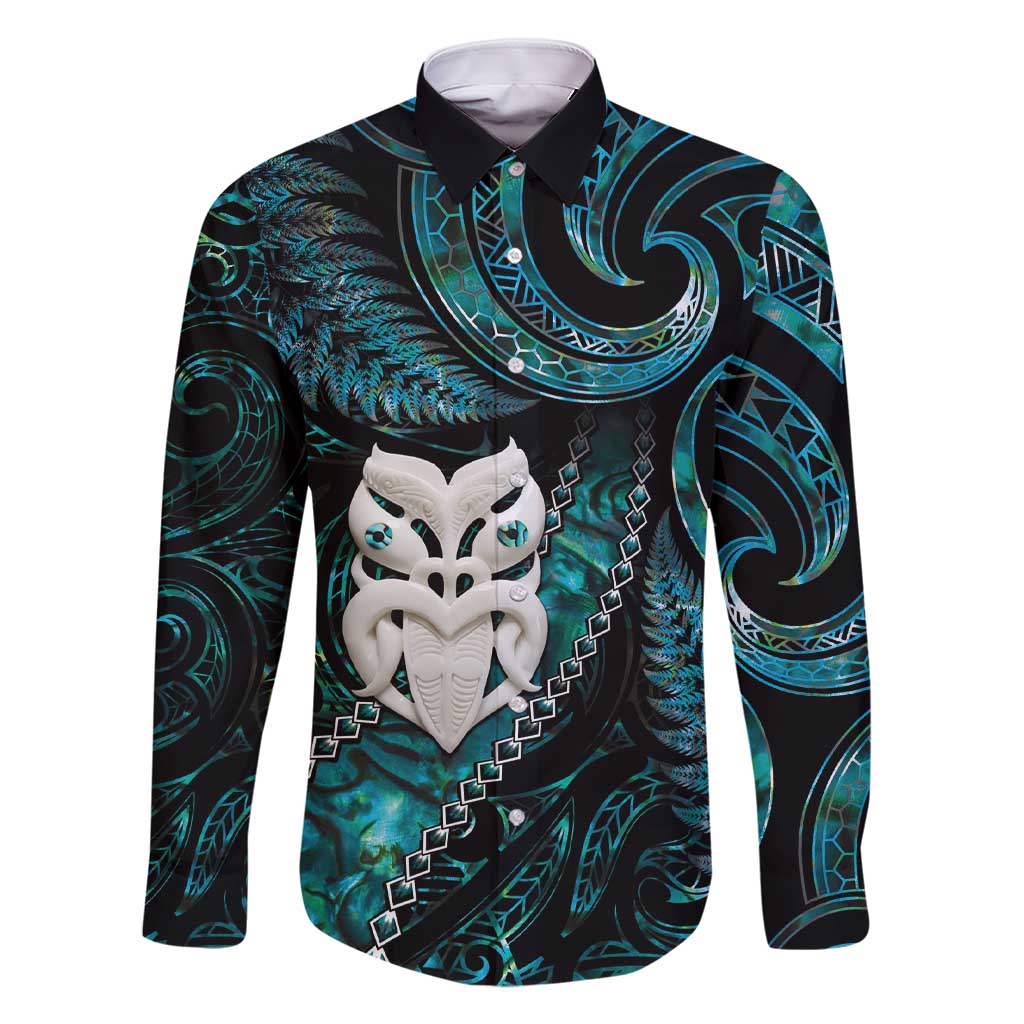 New Zealand Aotearoa Family Matching Short Sleeve Bodycon Dress and Hawaiian Shirt Maori Wheku Paua Shell Glitter Turquoise LT05 Dad's Shirt - Long Sleeve Turquoise - Polynesian Pride
