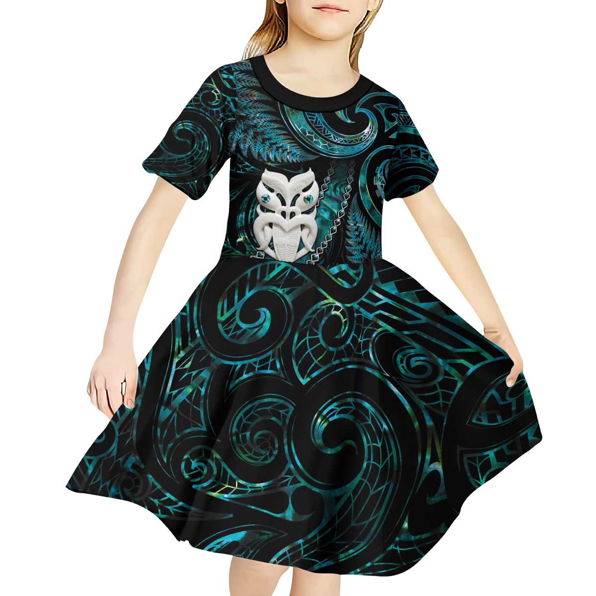 New Zealand Aotearoa Kid Short Sleeve Dress Maori Wheku Paua Shell Glitter Turquoise