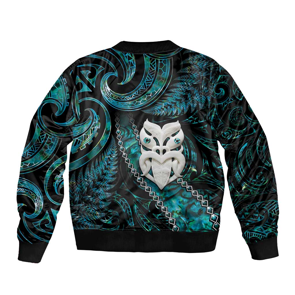 New Zealand Aotearoa Sleeve Zip Bomber Jacket Maori Wheku Paua Shell Glitter Turquoise