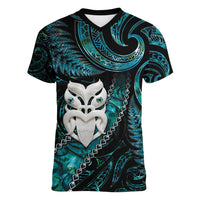 New Zealand Aotearoa Women V-Neck T-Shirt Maori Wheku Paua Shell Glitter Turquoise LT05 Female Turquoise - Polynesian Pride