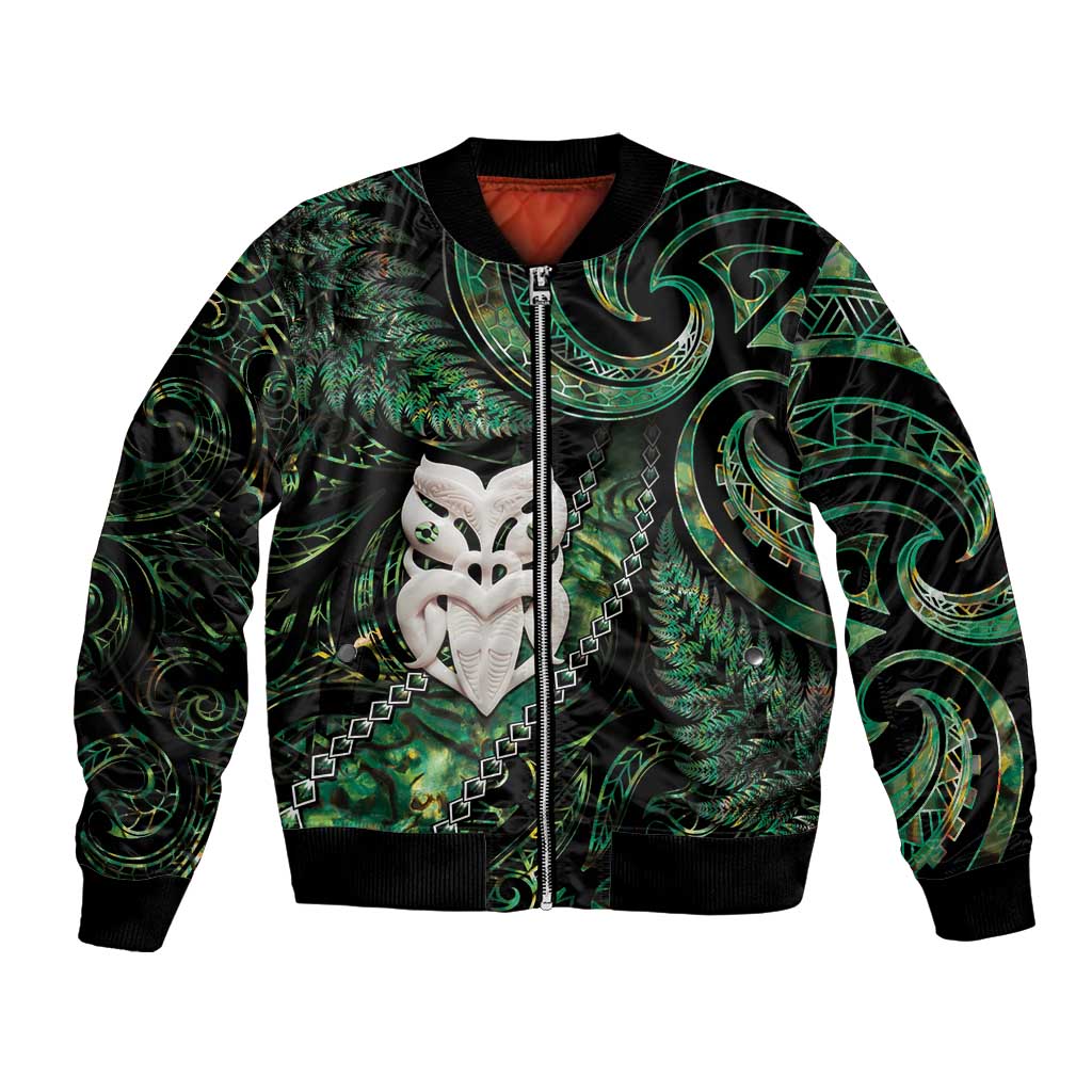 New Zealand Aotearoa Bomber Jacket Maori Wheku Paua Shell Glitter Green