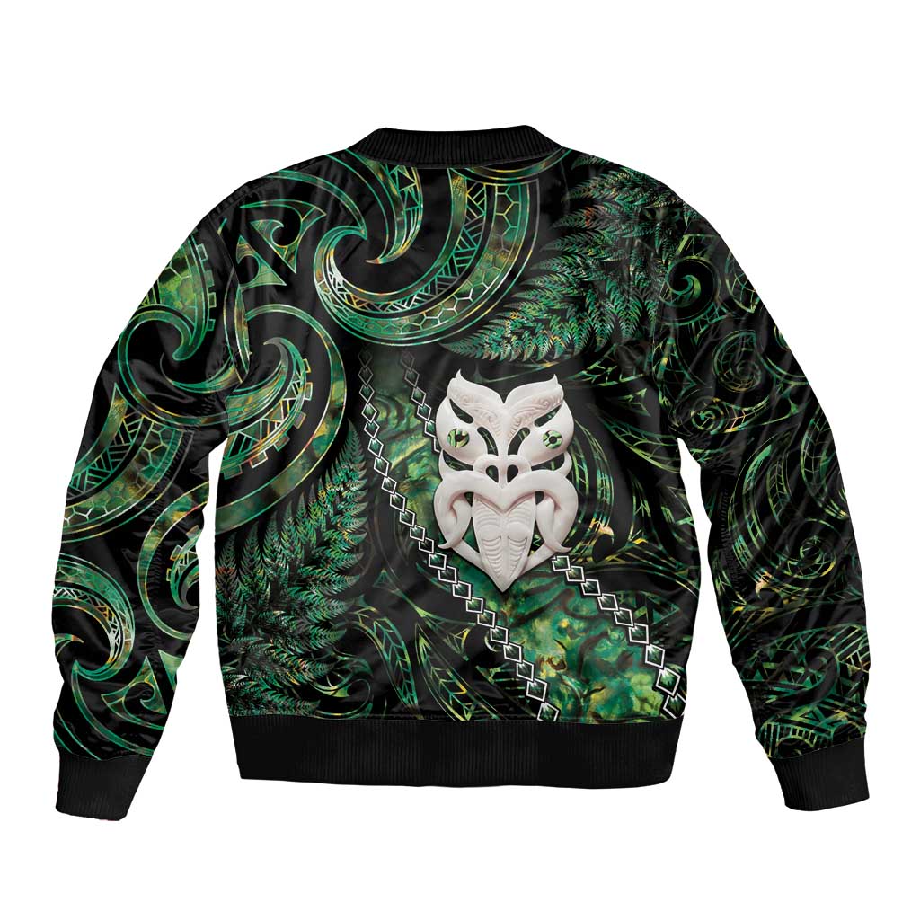 New Zealand Aotearoa Bomber Jacket Maori Wheku Paua Shell Glitter Green