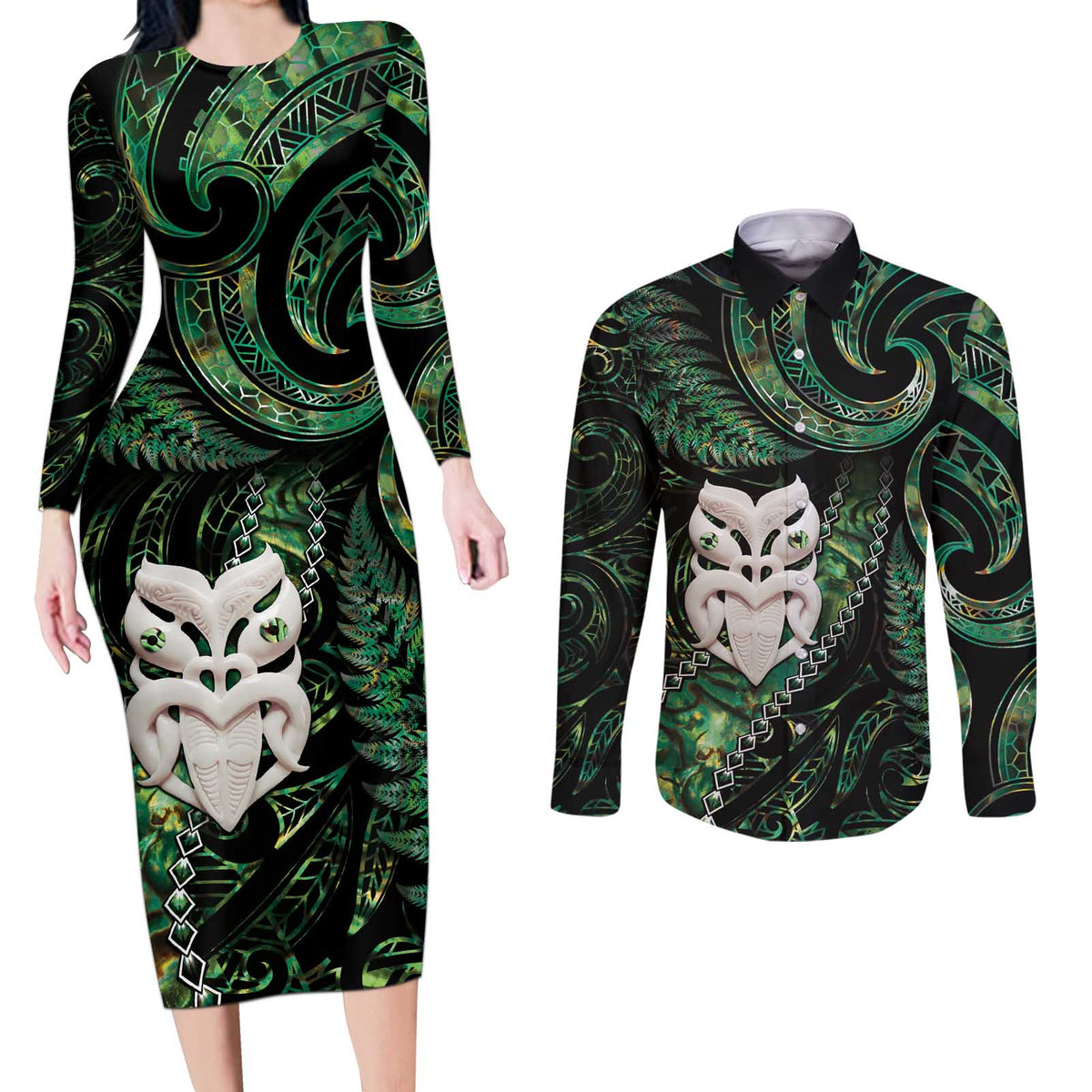 New Zealand Aotearoa Couples Matching Long Sleeve Bodycon Dress and Long Sleeve Button Shirt Maori Wheku Paua Shell Glitter Green LT05 Green - Polynesian Pride