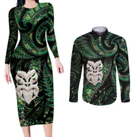 New Zealand Aotearoa Couples Matching Long Sleeve Bodycon Dress and Long Sleeve Button Shirt Maori Wheku Paua Shell Glitter Green LT05 Green - Polynesian Pride