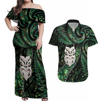 New Zealand Aotearoa Couples Matching Off Shoulder Maxi Dress and Hawaiian Shirt Maori Wheku Paua Shell Glitter Green LT05 Green - Polynesian Pride