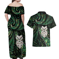 New Zealand Aotearoa Couples Matching Off Shoulder Maxi Dress and Hawaiian Shirt Maori Wheku Paua Shell Glitter Green LT05 - Polynesian Pride