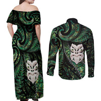 New Zealand Aotearoa Couples Matching Off Shoulder Maxi Dress and Long Sleeve Button Shirt Maori Wheku Paua Shell Glitter Green LT05 - Polynesian Pride