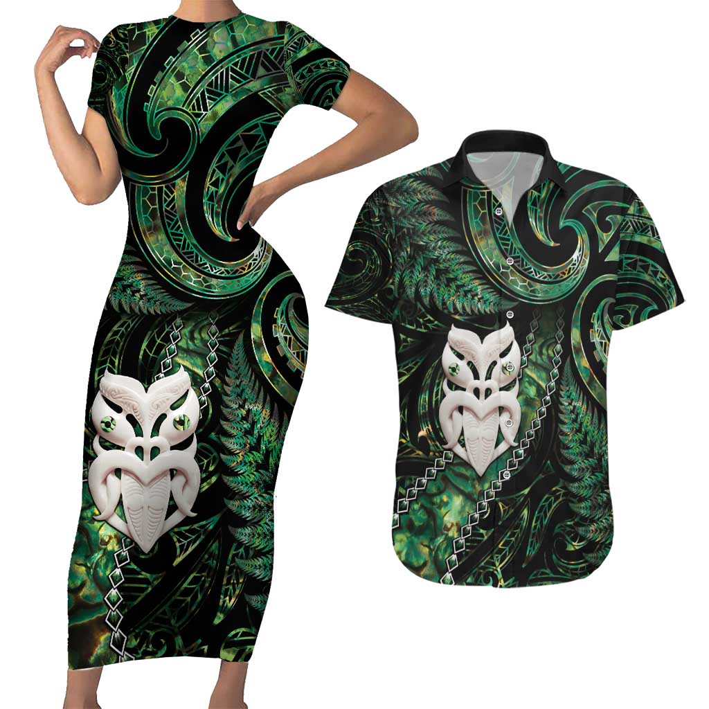 New Zealand Aotearoa Couples Matching Short Sleeve Bodycon Dress and Hawaiian Shirt Maori Wheku Paua Shell Glitter Green