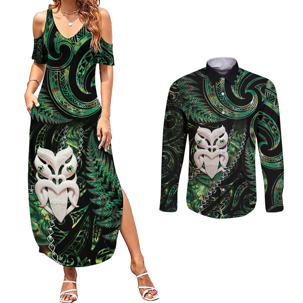New Zealand Aotearoa Couples Matching Summer Maxi Dress and Long Sleeve Button Shirt Maori Wheku Paua Shell Glitter Green LT05 Green - Polynesian Pride