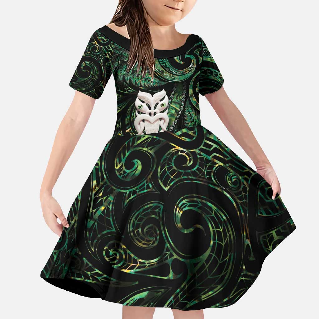 New Zealand Aotearoa Family Matching Long Sleeve Bodycon Dress and Hawaiian Shirt Maori Wheku Paua Shell Glitter Green LT05 Daughter's Dress Green - Polynesian Pride