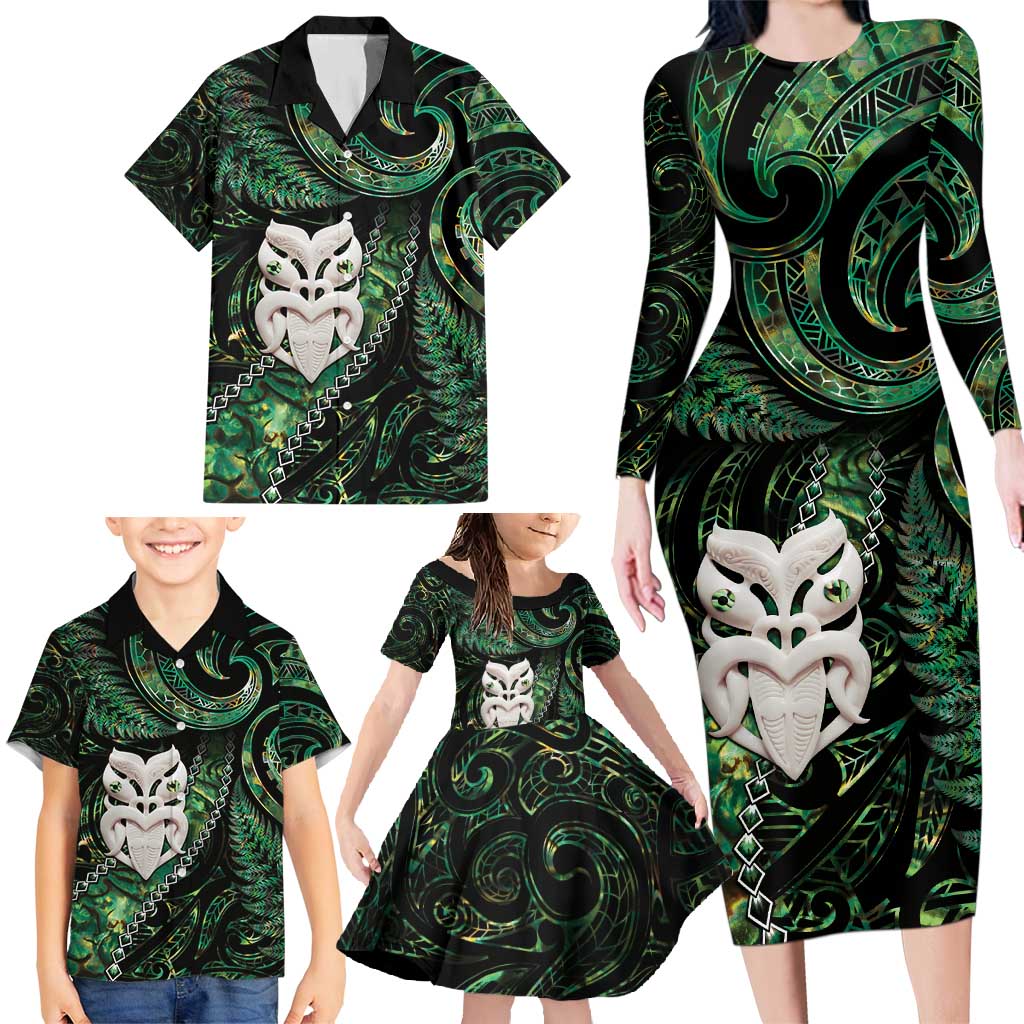 New Zealand Aotearoa Family Matching Long Sleeve Bodycon Dress and Hawaiian Shirt Maori Wheku Paua Shell Glitter Green LT05 - Polynesian Pride