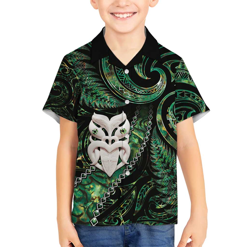 New Zealand Aotearoa Family Matching Long Sleeve Bodycon Dress and Hawaiian Shirt Maori Wheku Paua Shell Glitter Green LT05 Son's Shirt Green - Polynesian Pride