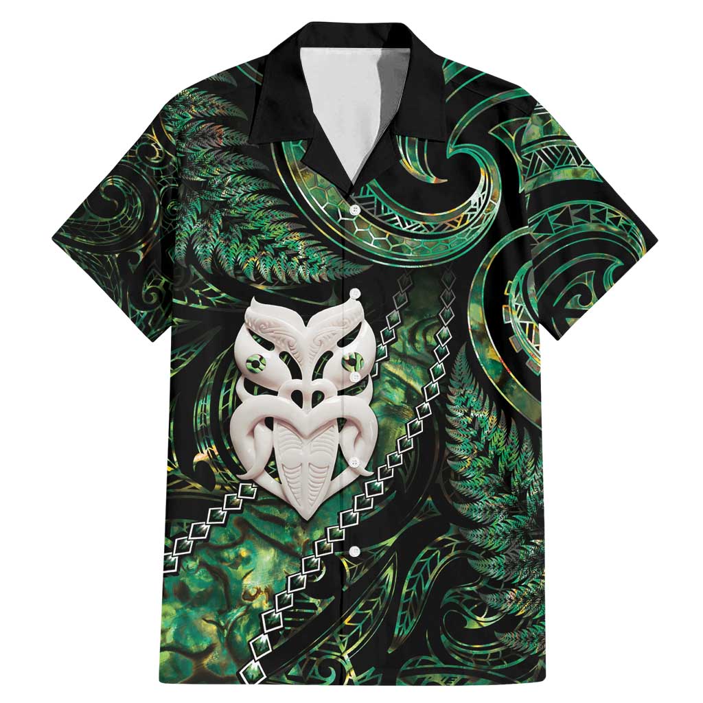 New Zealand Aotearoa Family Matching Mermaid Dress and Hawaiian Shirt Maori Wheku Paua Shell Glitter Green LT05 Dad's Shirt - Short Sleeve Green - Polynesian Pride