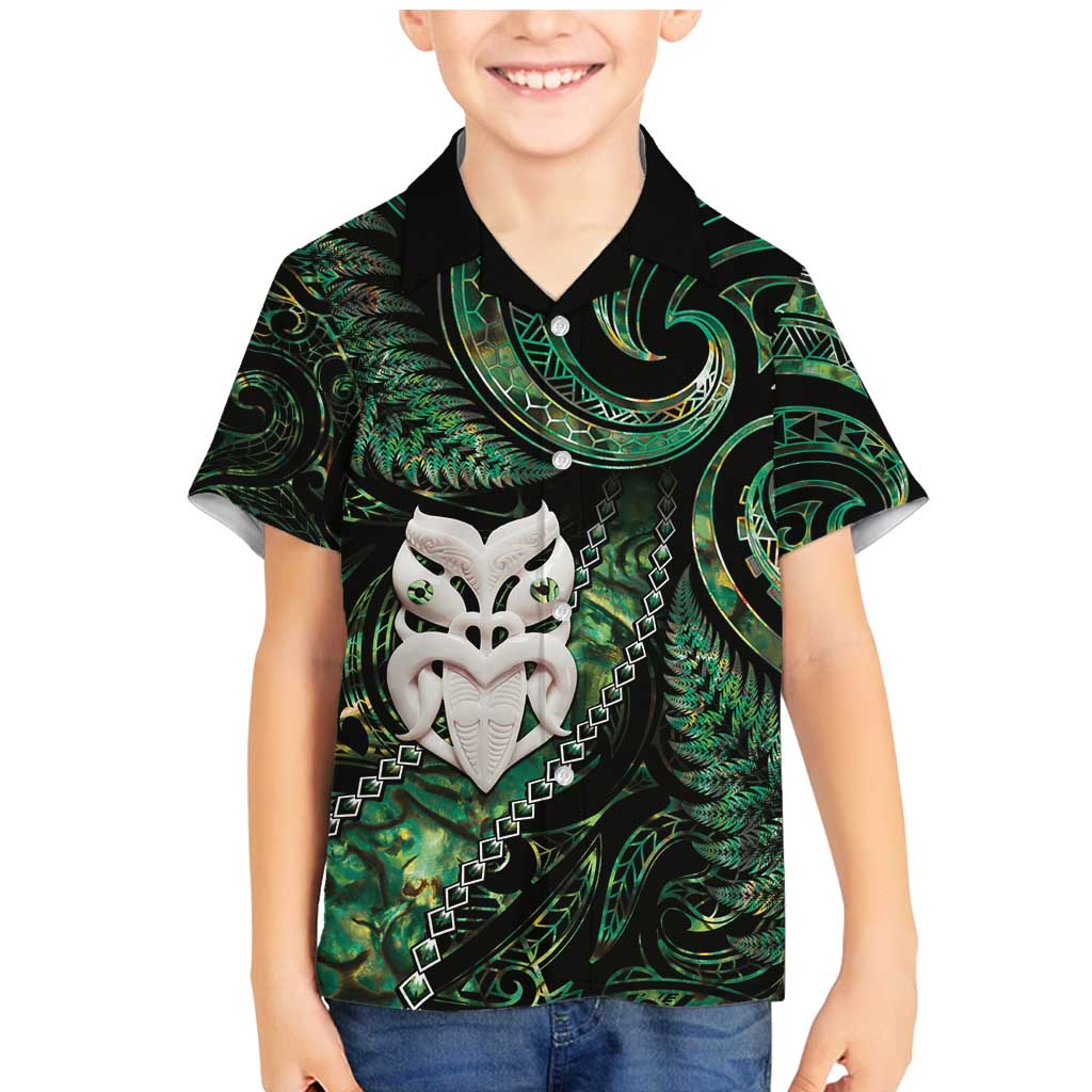 New Zealand Aotearoa Family Matching Mermaid Dress and Hawaiian Shirt Maori Wheku Paua Shell Glitter Green LT05 Son's Shirt Green - Polynesian Pride
