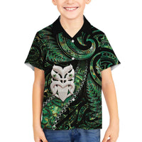 New Zealand Aotearoa Family Matching Puletasi and Hawaiian Shirt Maori Wheku Paua Shell Glitter Green LT05 Son's Shirt Green - Polynesian Pride