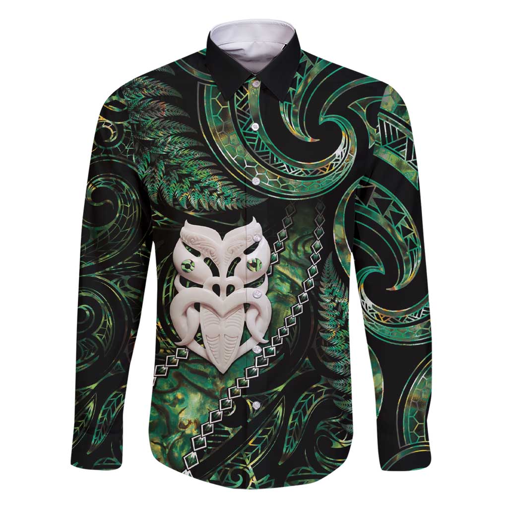 New Zealand Aotearoa Family Matching Short Sleeve Bodycon Dress and Hawaiian Shirt Maori Wheku Paua Shell Glitter Green LT05 Dad's Shirt - Long Sleeve Green - Polynesian Pride