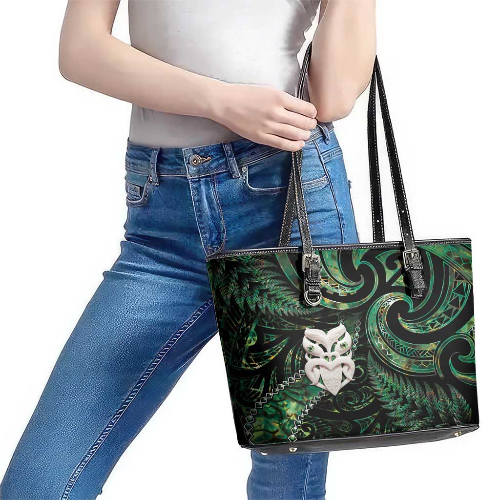 New Zealand Aotearoa Leather Tote Bag Maori Wheku Paua Shell Glitter Green