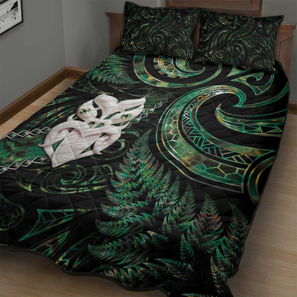 New Zealand Aotearoa Quilt Bed Set Maori Wheku Paua Shell Glitter Green