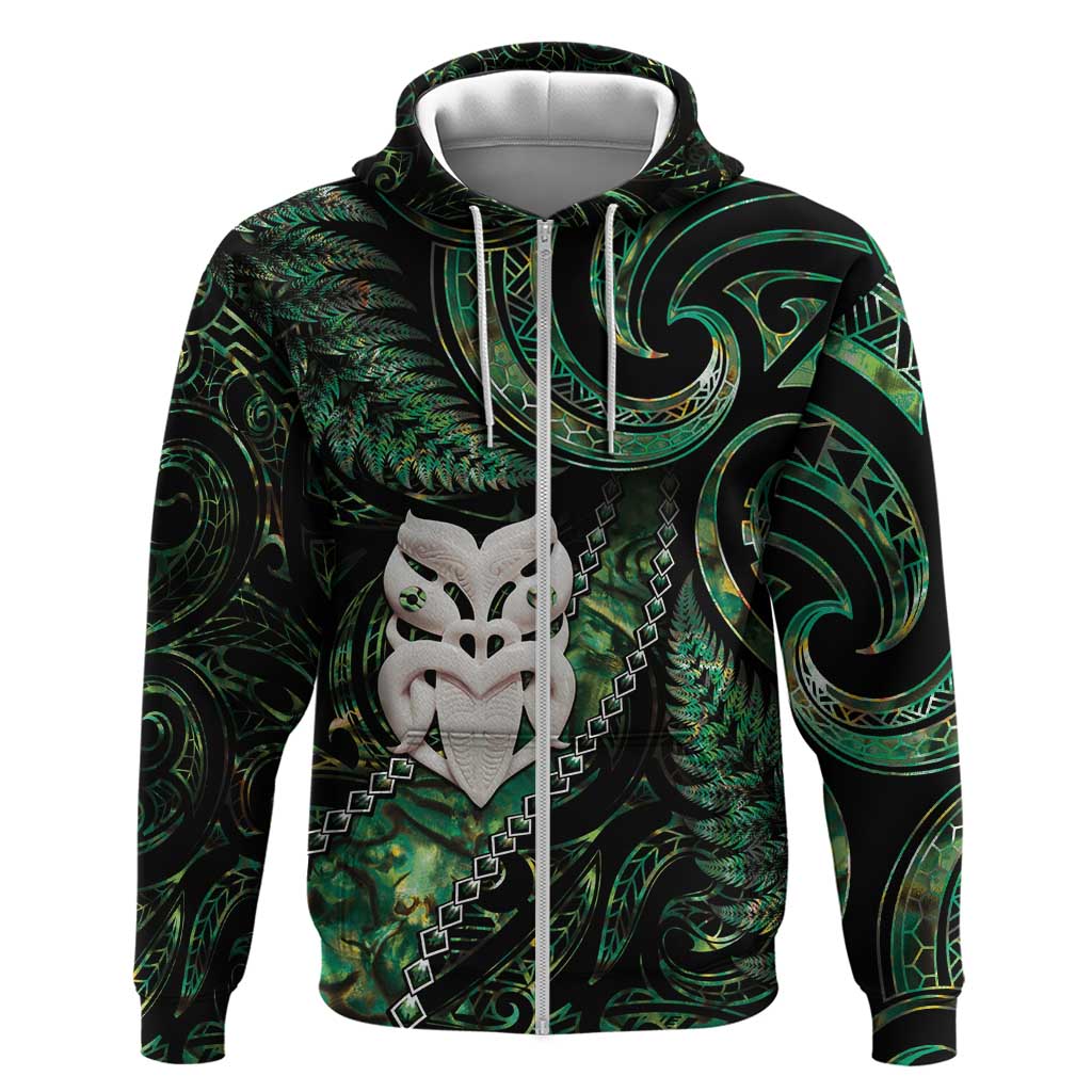 New Zealand Aotearoa Zip Hoodie Maori Wheku Paua Shell Glitter Green LT05 Zip Hoodie Green - Polynesian Pride