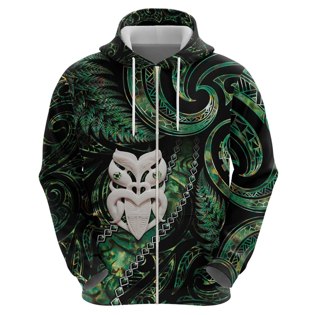 New Zealand Aotearoa Zip Hoodie Maori Wheku Paua Shell Glitter Green LT05 - Polynesian Pride