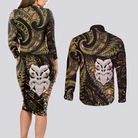New Zealand Aotearoa Couples Matching Long Sleeve Bodycon Dress and Long Sleeve Button Shirt Maori Wheku Paua Shell Glitter Gold LT05 - Polynesian Pride