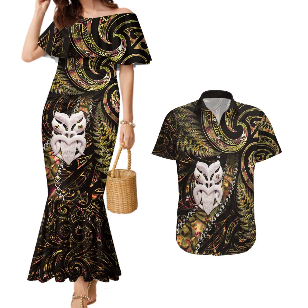 New Zealand Aotearoa Couples Matching Mermaid Dress and Hawaiian Shirt Maori Wheku Paua Shell Glitter Gold LT05 Gold - Polynesian Pride