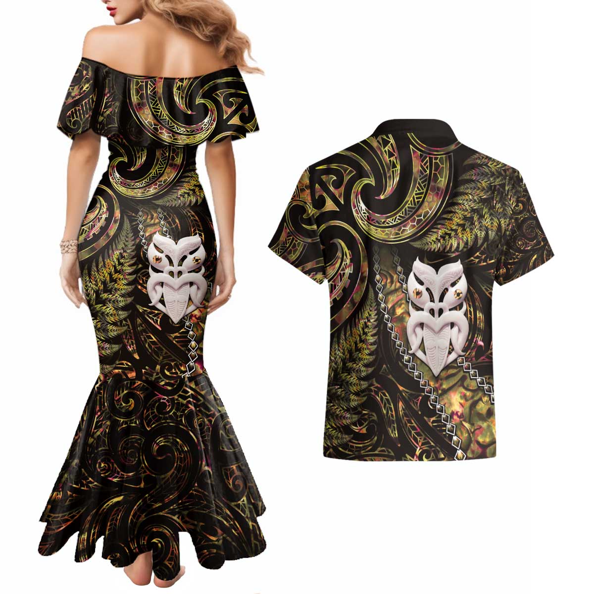 New Zealand Aotearoa Couples Matching Mermaid Dress and Hawaiian Shirt Maori Wheku Paua Shell Glitter Gold LT05 - Polynesian Pride
