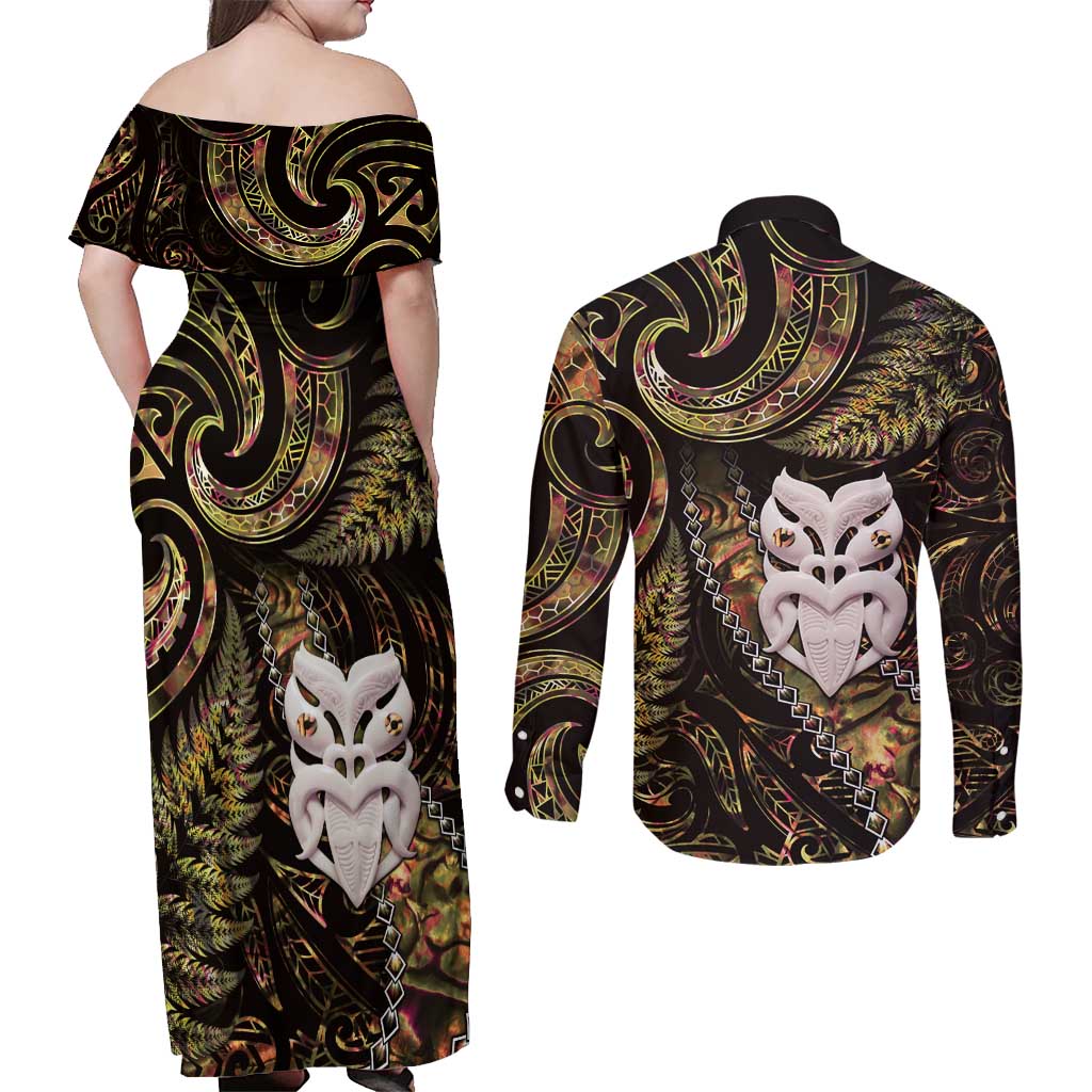 New Zealand Aotearoa Couples Matching Off Shoulder Maxi Dress and Long Sleeve Button Shirt Maori Wheku Paua Shell Glitter Gold LT05 - Polynesian Pride