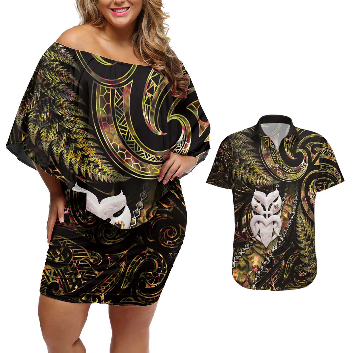 New Zealand Aotearoa Couples Matching Off Shoulder Short Dress and Hawaiian Shirt Maori Wheku Paua Shell Glitter Gold LT05 Gold - Polynesian Pride