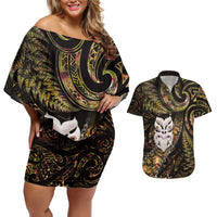 New Zealand Aotearoa Couples Matching Off Shoulder Short Dress and Hawaiian Shirt Maori Wheku Paua Shell Glitter Gold LT05 Gold - Polynesian Pride