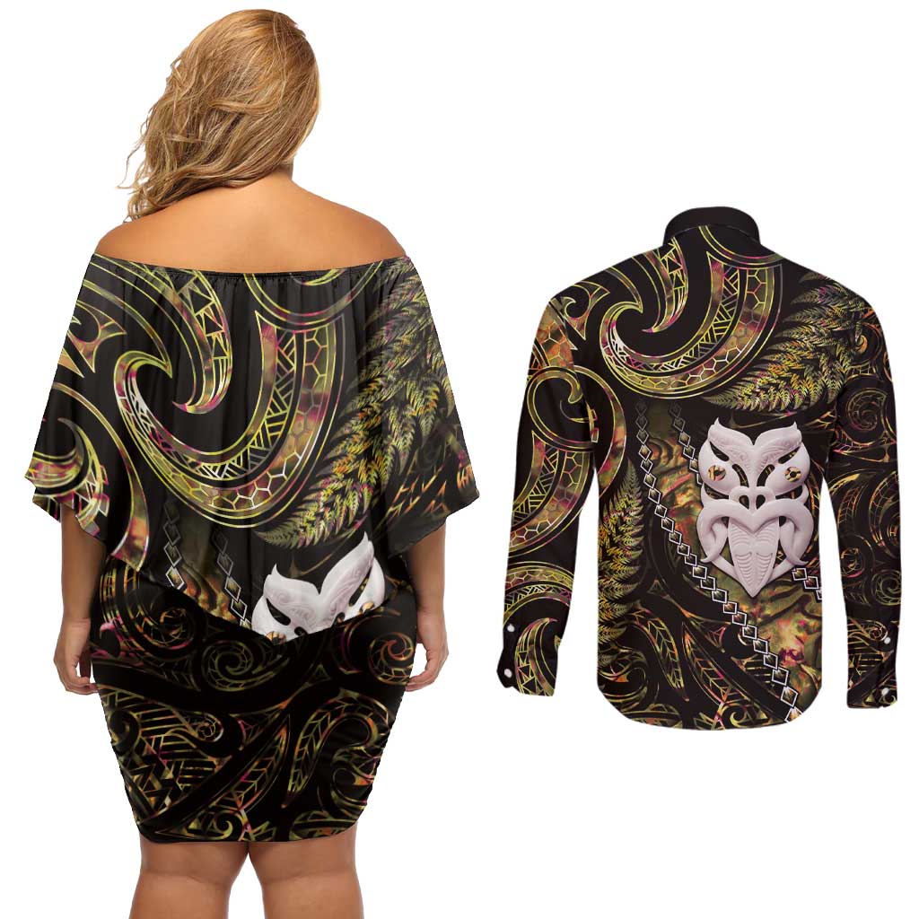 New Zealand Aotearoa Couples Matching Off Shoulder Short Dress and Long Sleeve Button Shirt Maori Wheku Paua Shell Glitter Gold LT05 - Polynesian Pride