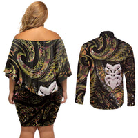 New Zealand Aotearoa Couples Matching Off Shoulder Short Dress and Long Sleeve Button Shirt Maori Wheku Paua Shell Glitter Gold LT05 - Polynesian Pride